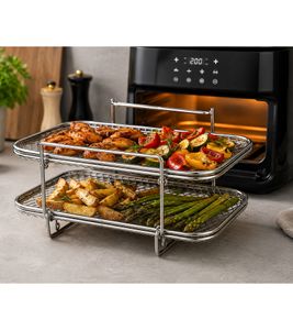 Inserto de acero inoxidable para freidora de aire HOME IDEAS, diseño de dos niveles, compatible con freidoras de aire de 5-6 litros, aprox. 19,5 x 13 x 11,5 cm **Producto de segunda mano – Probado y en perfecto funcionamiento** 