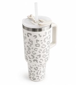 Botella de agua práctica de acero inoxidable con diseño de estampado de leopardo, taza térmica de doble pared de 1,2 L con pajita y asa en blanco/gris