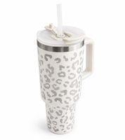 Practical 1.2L Stainless Steel Insulated Thermal Mug in leopard print design with Straw and Handle in White/Grey