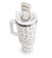 Practical 1.2L Stainless Steel Insulated Thermal Mug in leopard print design with Straw and Handle in White/Grey