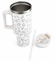 Practical 1.2L Stainless Steel Insulated Thermal Mug in leopard print design with Straw and Handle in White/Grey