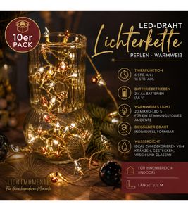 10er Pack Funkelnde LICHTMOMENTE Lichterkette mit Timerfunktion 2,2 Meter 20 LEDs warmweiße Mikro-LED-Lämpchen LED-Draht 7566784 Gold