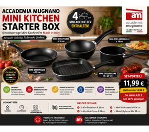 Kit de Cocina Mini Accademia Mugnano con 4 Utensilios – Sartén, Wok, Cacerola y Parrilla. Fabricado en Italia