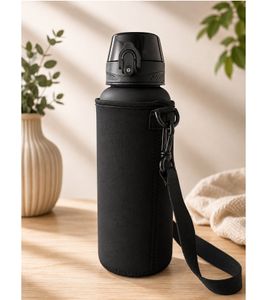 Botella de agua HEDURA Motivation de 1,5 L con funda de neopreno, libre de BPA, con indicador de tiempo y pajita. **Producto de segunda mano – Probado y en perfecto estado**. Color negro.