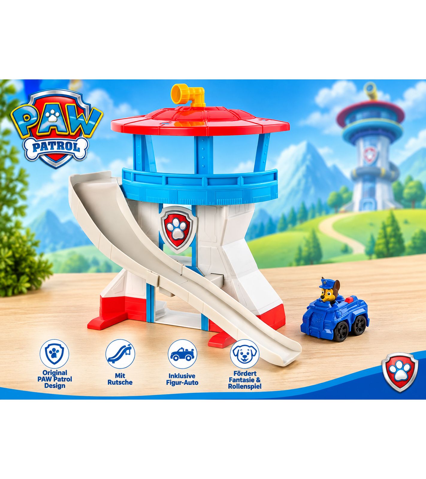 nickelodeon PAW PATROL Spielset Rescue Racer Lookout Tower mit Spielzeug-Auto und Turm **B-Ware – geprüft og funktionell einwandfrei** Blau