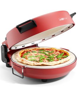 CLATRONIC Pizzamaker mit Pizzastein Ø 32 cm inkl. 2 Pizzaheber & Pizzaschneider – bis 350 °C – Pizza in unter 5 Min. – 1200 W **B-Ware – geprüft & funktionell einwandfrei** Rot