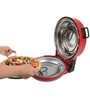 CLATRONIC Pizzamaker mit Pizzastein Ø 32 cm inkl. 2 Pizzaheber & Pizzaschneider – bis 350 °C – Pizza in unter 5 Min. – 1200 W **B-Ware – geprüft & funktionell einwandfrei** Rot