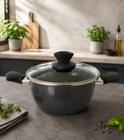 Vitrinor Enamel Cooking Pot with Glass Lid (20 cm) – Suitable for All Stovetops – Non-Stick Coating – Made in Spain – **B-Stock – Inspected & Fully Functional** – Grey