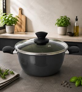 Vitrinor Enamel Cooking Pot with Glass Lid (24 cm) – Suitable for All Stovetops – Non-Stick Coating – Made in Spain – **B-Stock: Inspected & Fully Functional** – Grey
