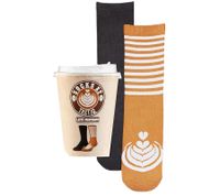2 Paar TASTIQ Damen-Socken Kinder-Socken Baumwoll-Socken mit Latte Macchiato-Print Weihnachts-Geschenk für Kaffee-Liebhaber lange Strümpfe in stylischer Kaffeebecher-Geschenkbox Braun/Schwarz