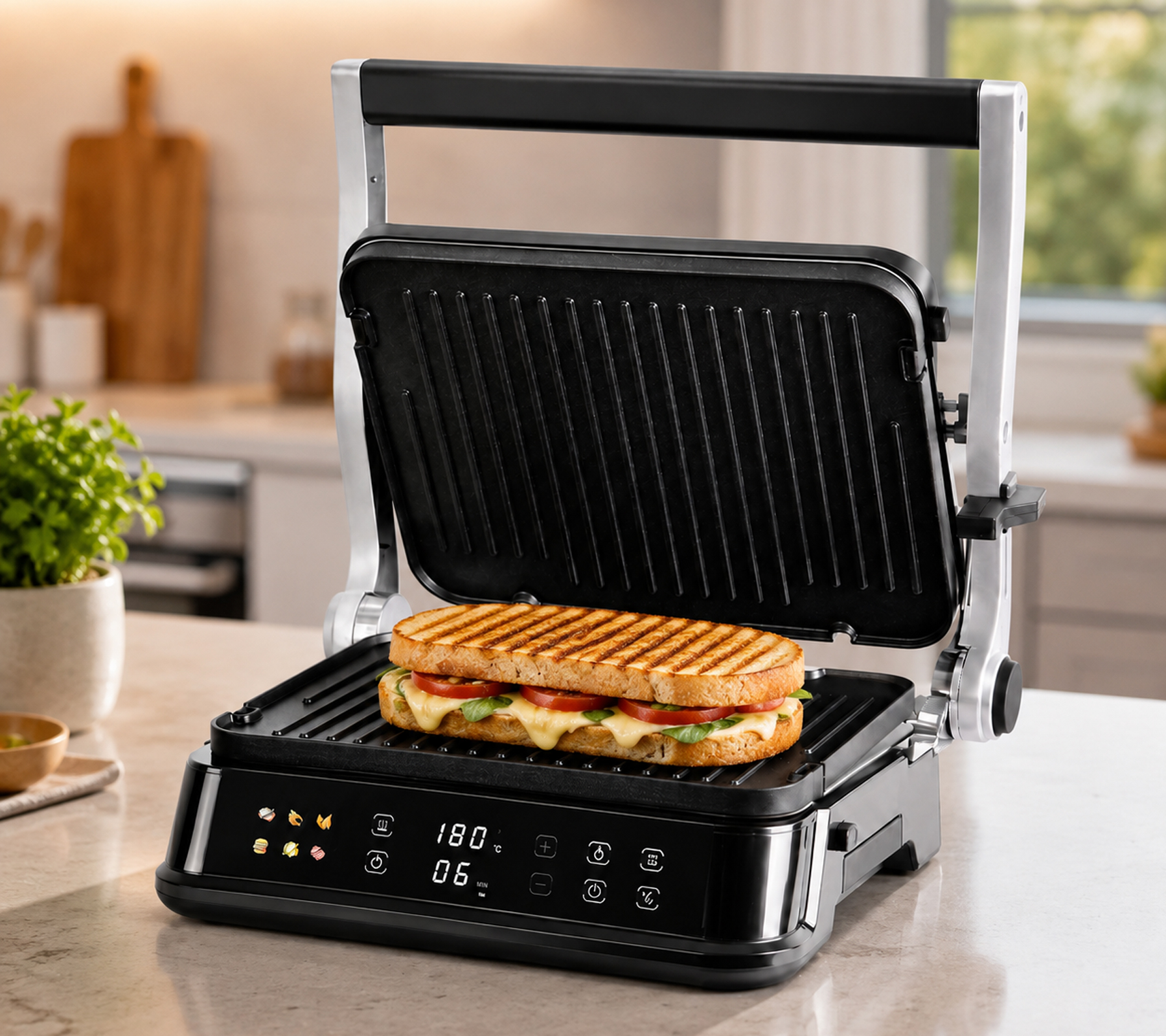 Vielseitiger 3-in-1 Kontaktgrill 1800W Tischgrill Paninigrill LED 6 Programme 29x23cm – B-Ware – geprüft og funktionell einwandfrei Silber/Schwarz
