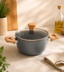 Cacerola de aluminio con tapa de cristal, 20 cm, mango con acabado imitación madera, tecnología antiadherente suiza ILAG **Producto de segunda mano – Probado y en perfecto estado** (color gris)