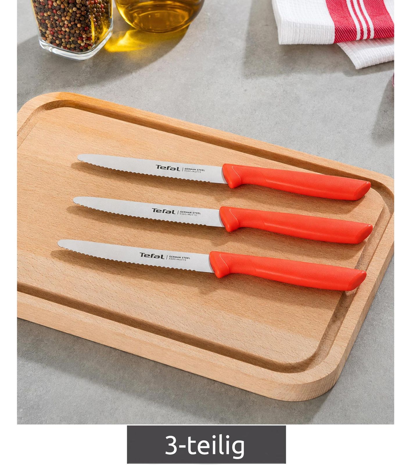 3-teiliges Tefal Edelstahl Messer-Set mit gezahnten Universalmessern **B-Ware – geprüft og funktionell einwandfrei** Küchenmesser Rot