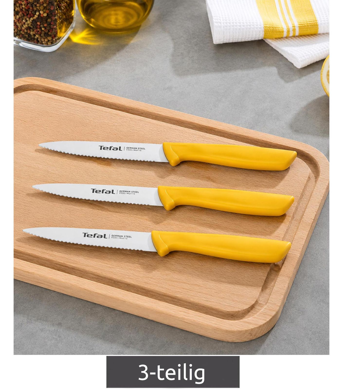 3-teiliges Tefal Edelstahl Messer-Set mit gezahntem Schälmessern **B-Ware – geprüft og funktionell einwandfrei** Küchenmesser Gelb
