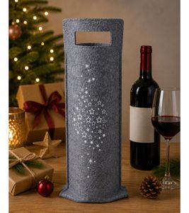 Pochette cadeau pour bouteilles 42 x 15 cm aspect feutrine, motif étoiles de Noël **Article de seconde main – Testé et fonctionnel** Gris/Blanc