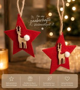 Étoile de Noël avec renne décoratif en bois **Article de seconde main – Vérifié et entièrement fonctionnel** Rouge