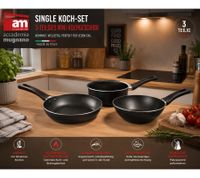 Batterie de cuisine individuelle Accademia Mugnano, 3 pièces : Mini poêle (20 cm) + Casserole (14 cm) + Mini wok (16 cm), Antiadhésif, Fabriqué en Italie, Noir