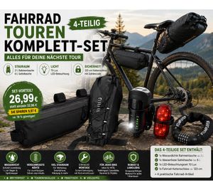 Kit complet de cyclotourisme (4 pièces) – Sacoche de cadre, sacoche de selle, éclairage LED 70 lux et antivol à chaîne pour le bikepacking