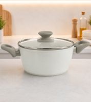 Marmite en aluminium avec couvercle en verre, 20 cm, revêtement antiadhésif ILAG, technologie suisse **Produit de seconde main – Testé et parfaitement fonctionnel**, blanc