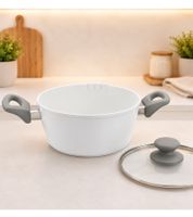 Marmite en aluminium avec couvercle en verre, 20 cm, revêtement antiadhésif ILAG, technologie suisse **Produit de seconde main – Testé et parfaitement fonctionnel**, blanc