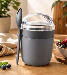 Duo Tableware To-Go Yogurt Cup with Muesli Compartment & Matching Spoon – 310ml Plastic Cup – Grey **B-Stock – Inspected & Fully Functional**