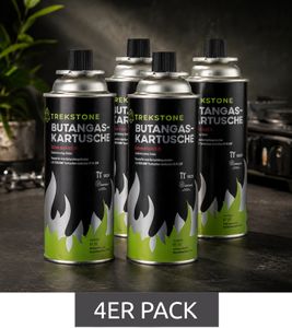 TREKSTONE Set of 4 Butane Gas Cartridges (520 ml per cartridge) – Black **B-Stock – inspected & fully functional**
