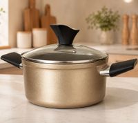 Kochtopf aus geschmiedetem Aluminium mit Glasdeckel 20 cm Fleisch-Topf, ILAG Non Stick Swiss Technology **B-Ware – geprüft & funktionell einwandfrei** in Bronze
