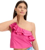 Blusa de mujer de un solo hombro con cuello abullonado, de algodón, ideal para el verano, manga corta (943264, rosa)