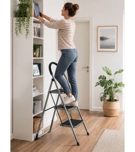 Sgabello pieghevole a 3 gradini HEDURA, altezza regolabile: circa 108 cm, scala domestica, portata 150 kg **B-Stock – Testato e perfettamente funzionante** Grigio
