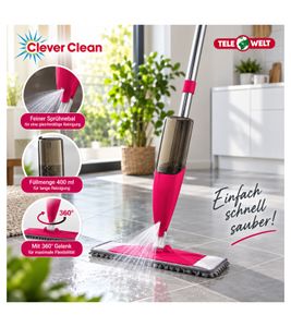 Clever Clean Bodenwischer mit Sprühfunktion - Wischmopp mit 360°-Drehgelenk, Antibakteriell - 130x12x46 cm **B-Ware – geprüft & funktionell einwandfrei** Rosa/Grau
