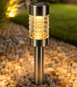 Solar-Stecker aus Edelstahl, Glas und Kunststoff für Außen, LED Gartenlampe mit Erdspieß ca. 43 cm **B-Ware – geprüft & funktionell einwandfrei** Silber