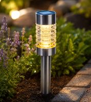 Solar-Stecker aus Edelstahl, Glas und Kunststoff für Außen, LED Gartenlampe mit Erdspieß ca. 43 cm **B-Ware – geprüft & funktionell einwandfrei** Silber