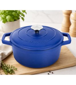 Teglia da forno in ghisa Chef Cuisine con pomello in acciaio inox, casseruola smaltata a 3 strati, circa 10 x Ø 24 cm, 3,7 litri **Articolo di seconda scelta - Ispezionato e perfettamente funzionante** Blu