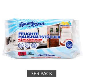 Speedy Clean Moist Household Wipes (3-Pack, 100 wipes per pack) – Antibacterial, Lemon Scent – ​​**B-Stock: Inspected & Fully Functional** – White