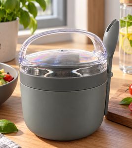 Duo Tableware Salatbecher TO-GO 2-stöckig mit Dressing-Behälter und Kühlakku Becher & Gabel 625ml **B-Ware – geprüft & funktionell einwandfrei** Grau