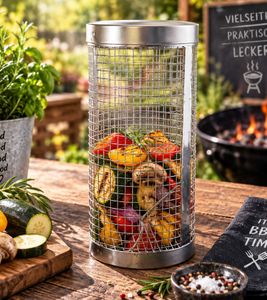 Zylindrischer Grillkorb aus Edelstahl mit einen Haken Grill-Zubehör 20 x 9 cm **B-Ware – geprüft & funktionell einwandfrei** Silber