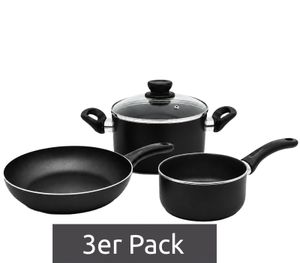 3-teiliges Krüger Koch-Set mit Bratpfanne 24x5cm, Stieltopf 16x7cm und Topf mit Deckel 20x8cm Antihaftbeschichtung **B-Ware – geprüft & funktionell einwandfrei** Schwarz