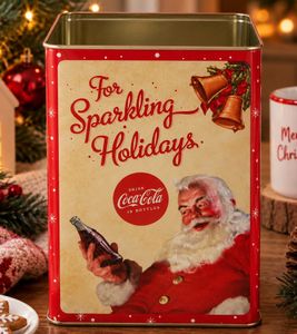 Rechteckige Coca-Cola Aufbewahrungsdose im weihnachtlichen Retro-Design ohne Deckel Vorratsdose ca. 18 x 14 x 10 cm (L × B × H) **B-Ware – geprüft & funktionell einwandfrei** Rot/Beige