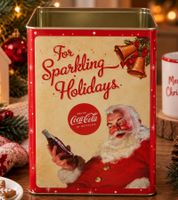 Rechteckige Coca-Cola Aufbewahrungsdose im weihnachtlichen Retro-Design ohne Deckel Vorratsdose ca. 18 x 14 x 10 cm (L × B × H) **B-Ware – geprüft & funktionell einwandfrei** Rot/Beige
