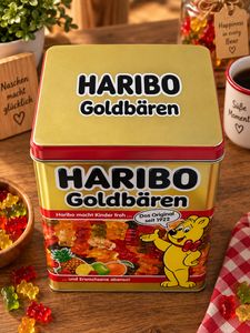 Rechteckige HARIBO-Goldbären Aufbewahrungsdose im Retro-Design Vorratsdose ca. 18 x 14 x 10 cm (L × B × H) **B-Ware – geprüft & funktionell einwandfrei** Gold/Bunt