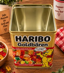 Rechteckige HARIBO-Goldbären Aufbewahrungsdose im Retro-Design ohne Deckel Vorratsdose ca. 18 x 14 x 10 cm (L × B × H) **B-Ware – geprüft & funktionell einwandfrei** Gold/Bunt