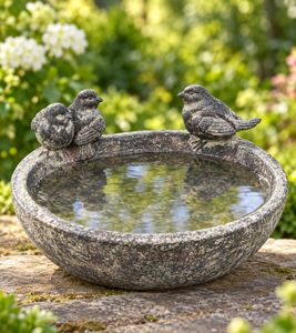 DekoVerde Vogeltränke mit dekorativen Vögeln aus Polyresin ca. 17 x 17 x 6 cm **B-Ware – geprüft & funktionell einwandfrei** in Grau