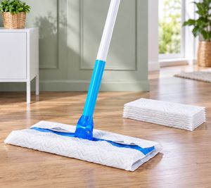 Bodenwischer-Set Zusammenklappbarer Stiel mit 8 Trockentüchern ca. 130cm für feuchte & trockene Reinigung **B-Ware – geprüft & funktionell einwandfrei** in Blau