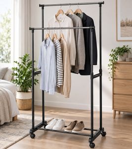 HEDURA Kleiderständer mit 2 Kleiderstangen, Teleskopstangen & Rollen 80 x 90–160 x 43cm **B-Ware – geprüft & funktionell einwandfrei** in Schwarz