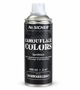 Vernice spray Nr. Sicher CAMOUFLAGE COLORS non riflettente, opaca, resistente alle intemperie & ai raggi UV 400ml per fino a 2m² **Prodotto di seconda scelta – testato** in Grigio nerastro