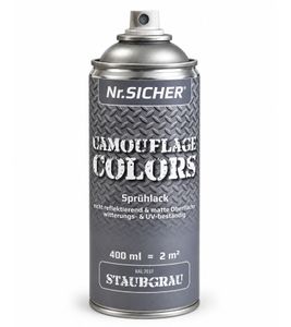 Nr. Sicher CAMOUFLAGE COLORS Sprühlack nicht reflektierend, matt, witterungs- & UV-beständig 400ml für bis zu 2m² **B-Ware – geprüft** in STAUBGRAU
