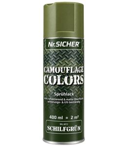 Nr. Sicher CAMOUFLAGE COLORS Sprühlack nicht reflektierend, matt, witterungs- & UV-beständig 400ml für bis zu 2m² **B-Ware – geprüft** in Schilfgrün