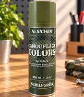 Nr. Sicher CAMOUFLAGE COLORS Sprühlack nicht reflektierend, matt, witterungs- & UV-beständig 400ml für bis zu 2m² **B-Ware – geprüft** in Schilfgrün
