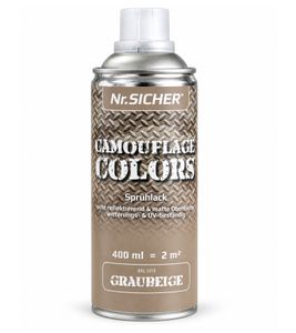 Nr. Sicher CAMOUFLAGE COLORS Sprühlack nicht reflektierend, matt, witterungs- & UV-beständig 400ml für bis zu 2m² **B-Ware – geprüft** in GRAUBEIGE