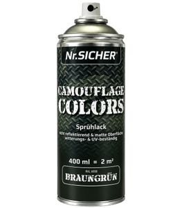 Nr. Sicher CAMOUFLAGE COLORS Sprühlack nicht reflektierend, matt, witterungs- & UV-beständig 400ml für bis zu 2m² **B-Ware – geprüft** in Braungrün